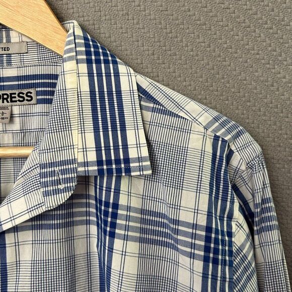 Express Large Fitted Long Sleeve Button-Front Shirt Blue White Plaid 16 - 16 1/2 - Picture 6 of 14